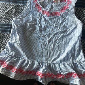 Sail to Sable Blue Striped Top with Pink Floral Embroidery